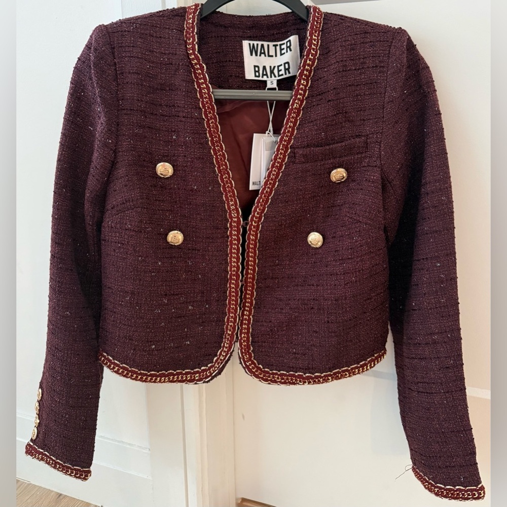 Walter Baker Chic Elodie Bordeaux Tweed Jacket Styled After Chanel . Sz S NWT